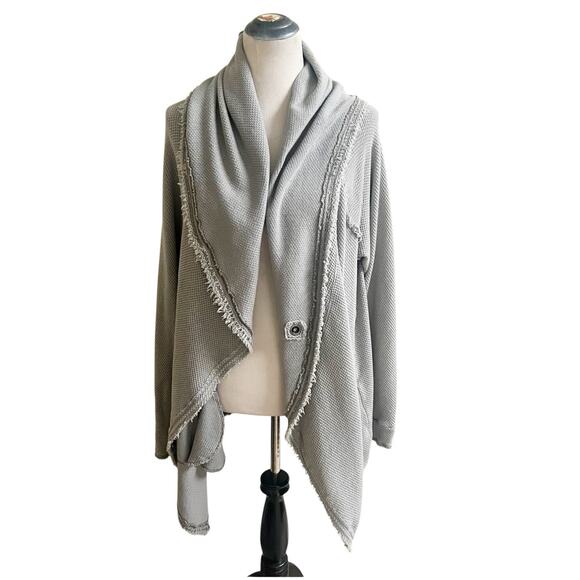 Free People Big Chill Cardigan Gray Large Waffle Knit Long Distressed - Picture 2 of 13